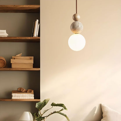 Travertijn en Houten Hanglamp met Opaal Glazen Lamp