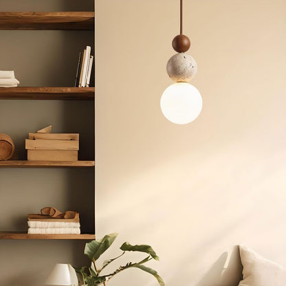 Travertijn en Houten Hanglamp met Opaal Glazen Lamp