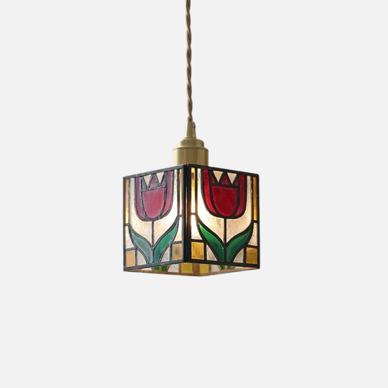 Moderne Hanglamp met Koperknop & Gekleurd Glas