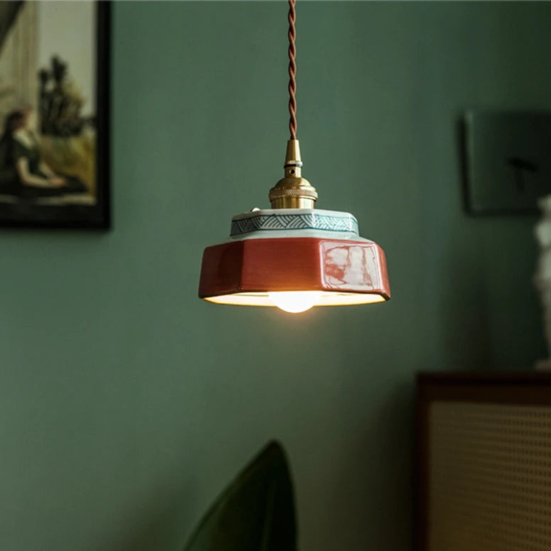 Vintage Keramieken Hanglamp met Koperaccent