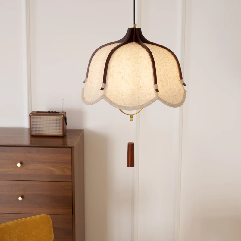 Vintage Lichtkunst Hangerlamp in Hout & Stof