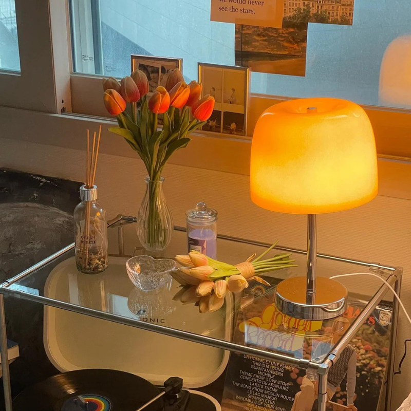 Glazen Paddenstoel Tafellamp met Warm LED Licht