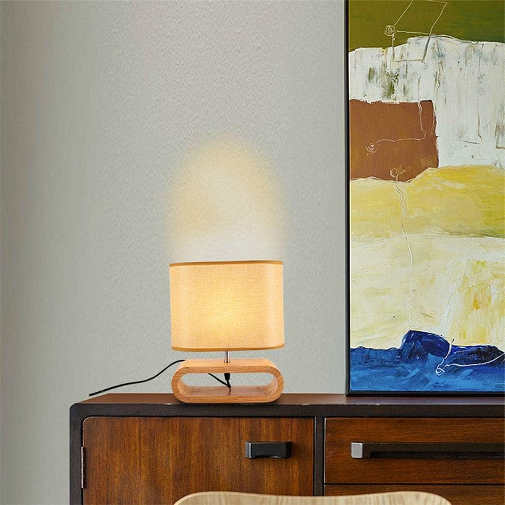 Scandinavisch Tafellamp  met Houten Basis en Stoffen Kap