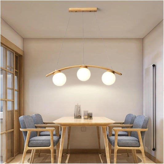 Scandinavische hanglamp met Houten Basis en Glazen Bollen