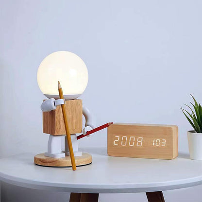 RoboLight Speelse Robot Tafellamp met Houten Basis