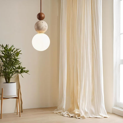 Travertijn en Houten Hanglamp met Opaal Glazen Lamp