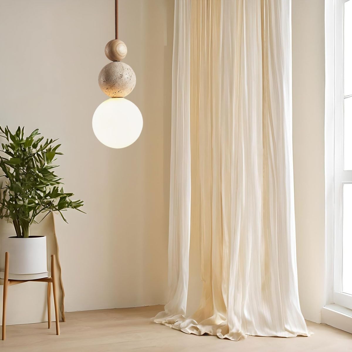 Travertijn en Houten Hanglamp met Opaal Glazen Lamp