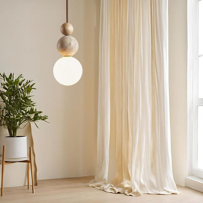 Travertijn en Houten Hanglamp met Opaal Glazen Lamp