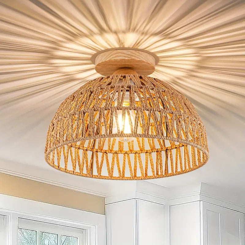 Boho Rotan Handgeweven Plafondlamp met Houten Basis