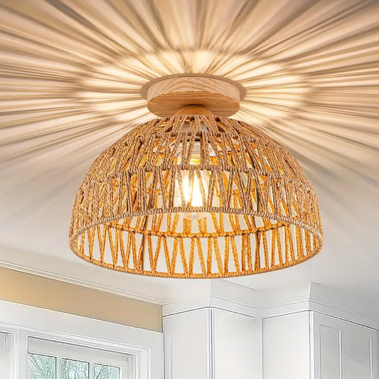 Boho Rotan Handgeweven Plafondlamp met Houten Basis