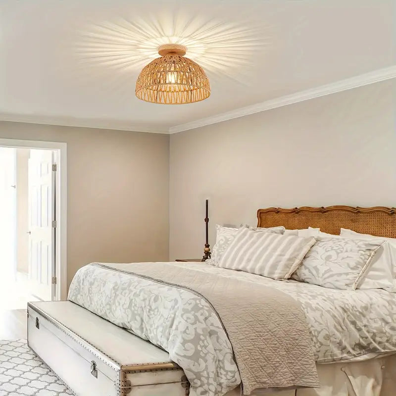Boho Rotan Handgeweven Plafondlamp met Houten Basis