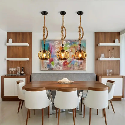 Industriële Hanglamp met Gevlochten Touw en IJzeren Frame