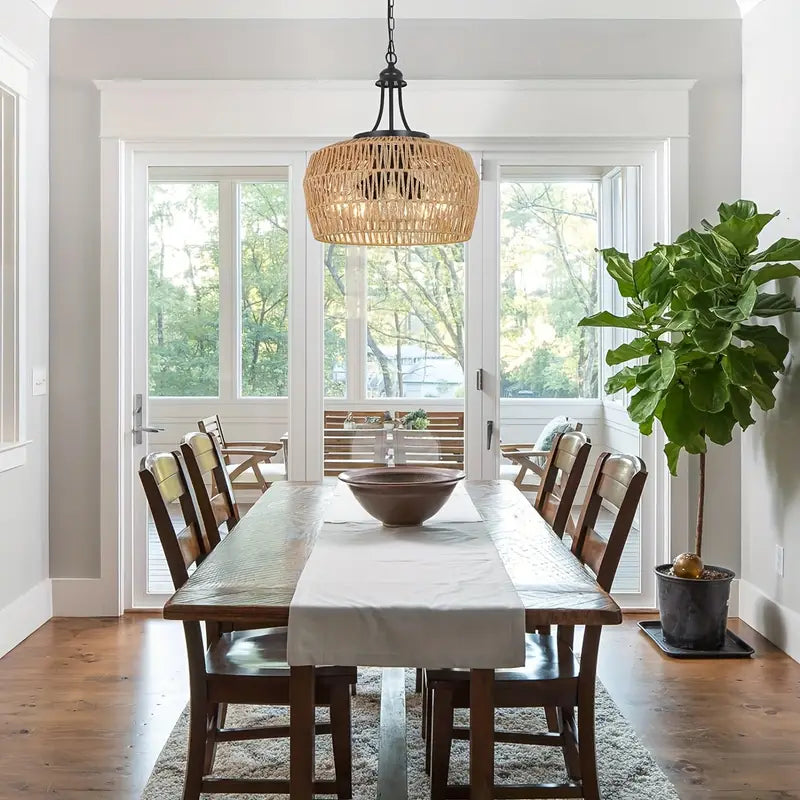 3-lichts Boho Boerderij Kroonluchter– Hanglamp met Gevlochten Rattan Look