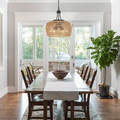 3-lichts Boho Boerderij Kroonluchter– Hanglamp met Gevlochten Rattan Look