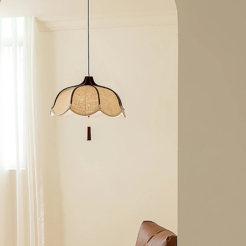 Vintage Lichtkunst Hangerlamp in Hout & Stof