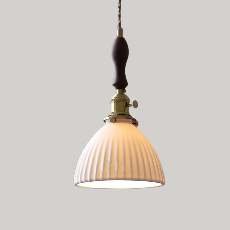 Scandinavische Keramische LED Hanglamp met Walnoothout