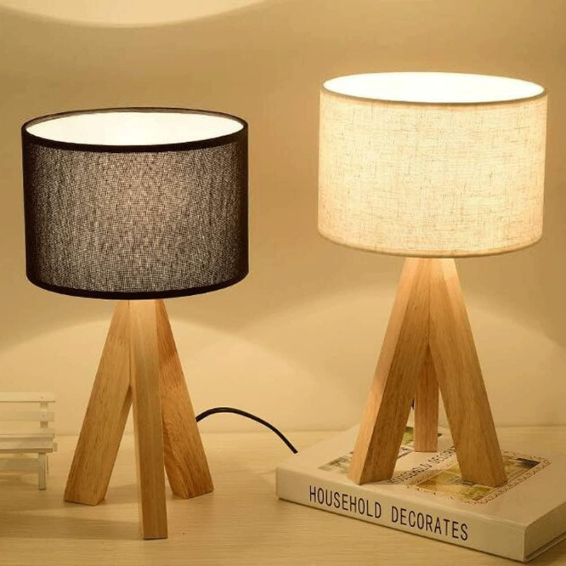 Houten Tafellamp met Zwart-Witte Stoffen Kap