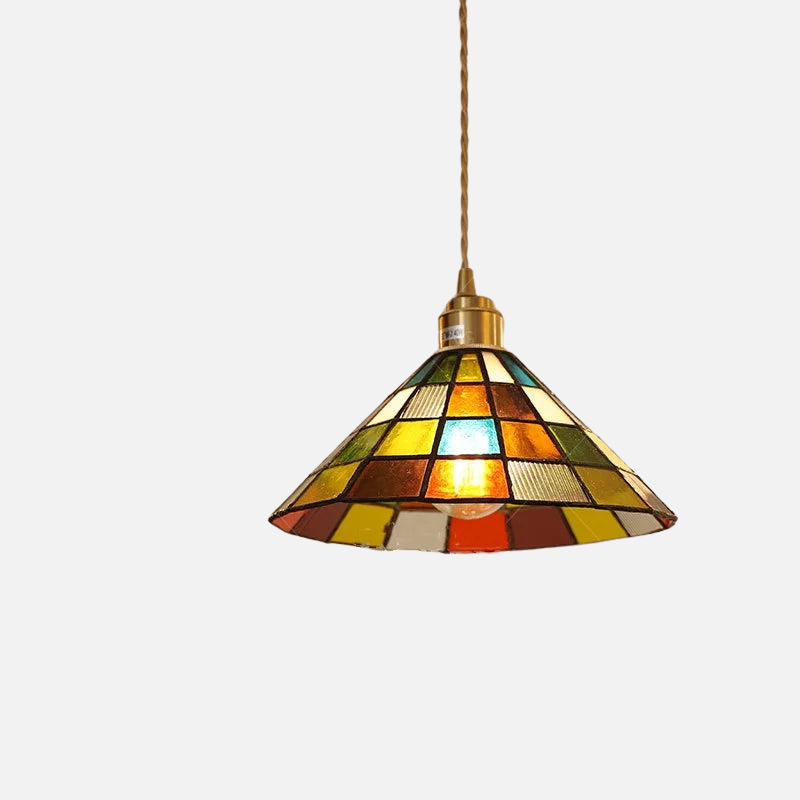 Moderne Hanglamp met Koperknop & Gekleurd Glas