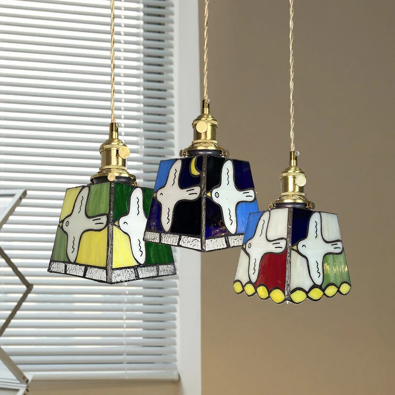 Moderne Hanglamp met Koperknop & Gekleurd Glas