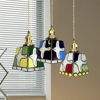 Moderne Hanglamp met Koperknop & Gekleurd Glas