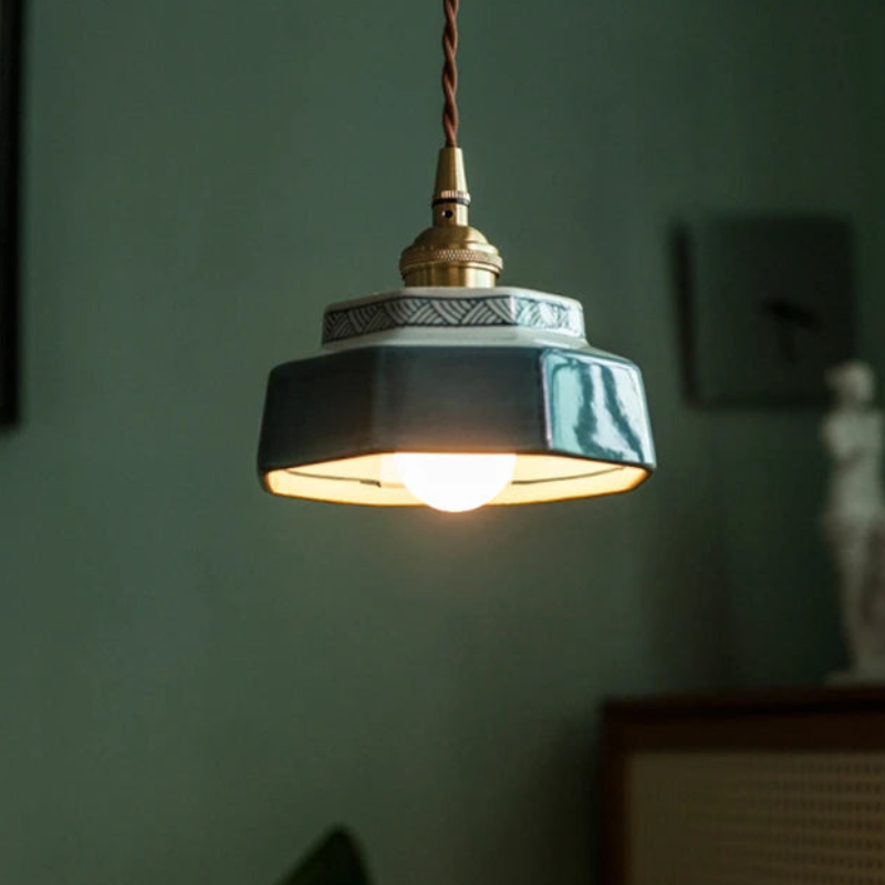 Vintage Keramieken Hanglamp met Koperaccent