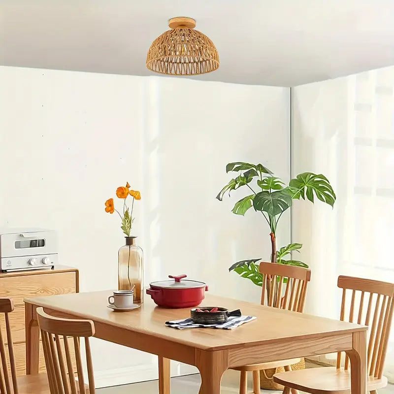 Boho Rotan Handgeweven Plafondlamp met Houten Basis
