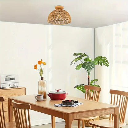 Boho Rotan Handgeweven Plafondlamp met Houten Basis