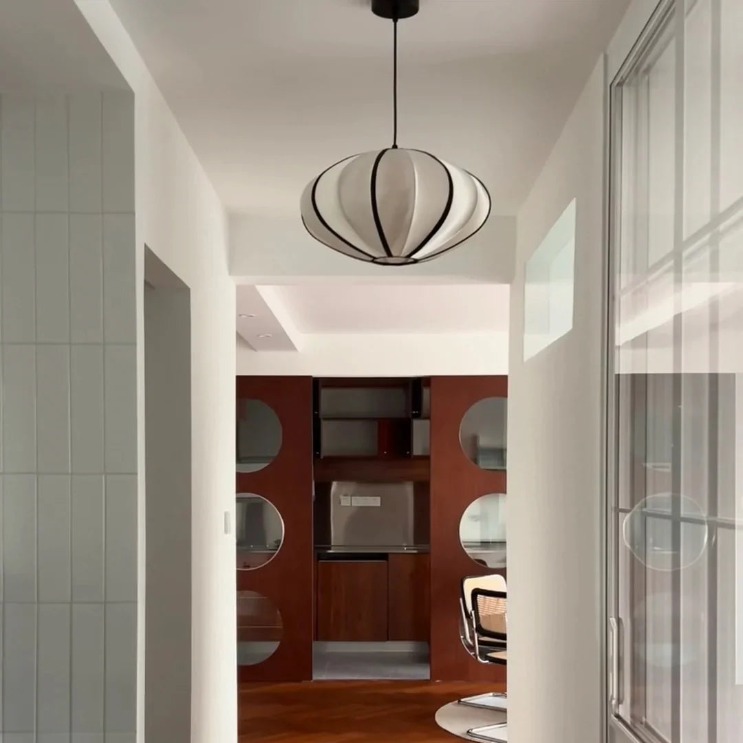 Traditionele Japanse Satijn & Metalen Ovale Hanglamp