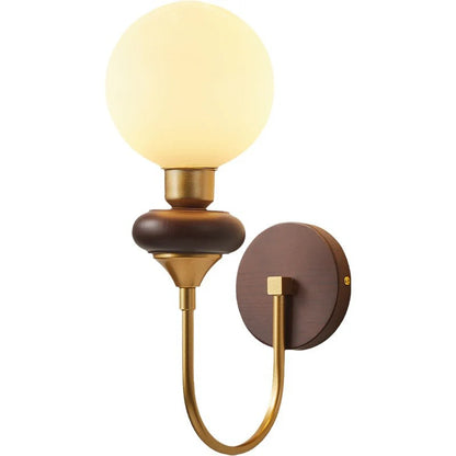 Vintage Glazen Bol Gebogen Houten Arm Wandlamp