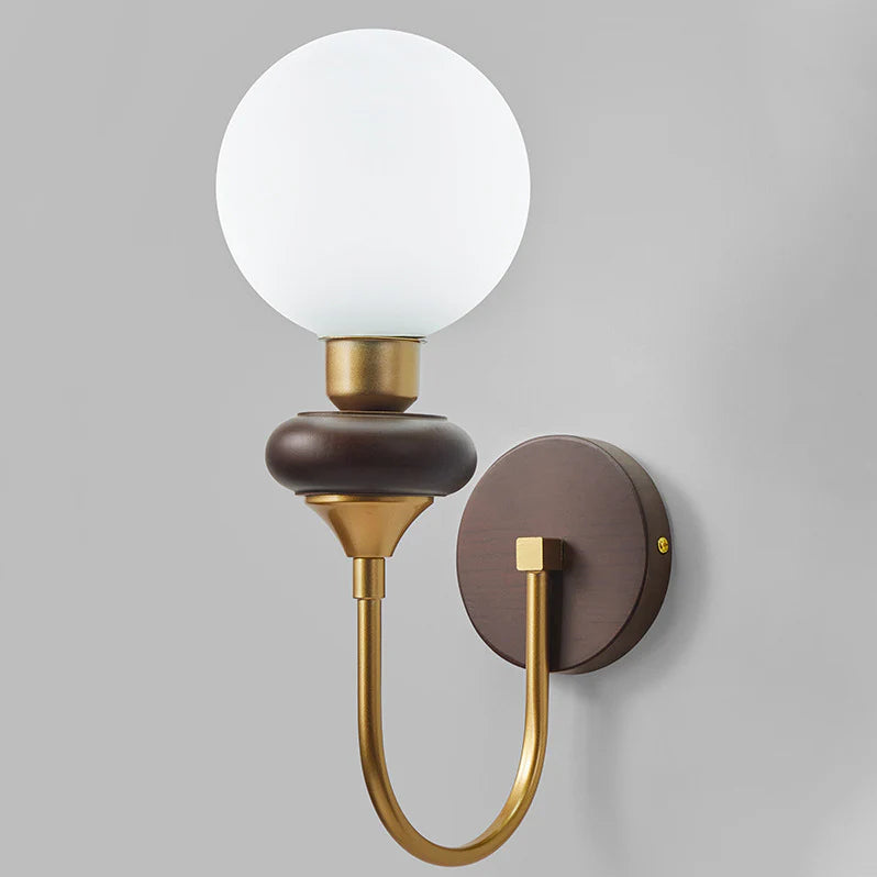 Vintage Glazen Bol Gebogen Houten Arm Wandlamp