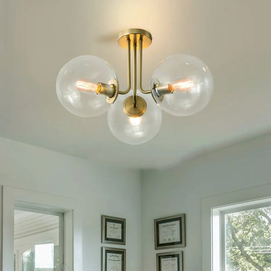 Scandinavische Messing Plafondlamp met Glazen Bollen