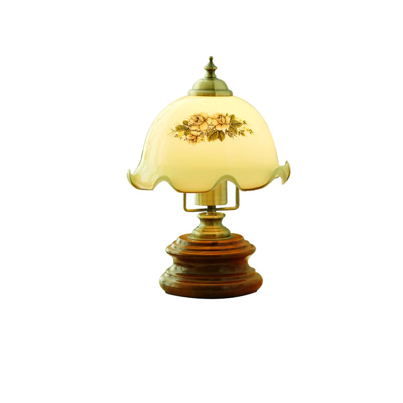 Bloem glas ijzer massief hout LED tafellamp