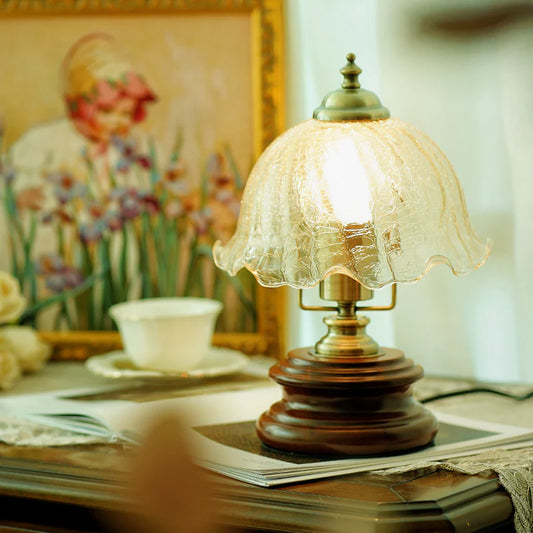 Bloem glas ijzer massief hout LED tafellamp