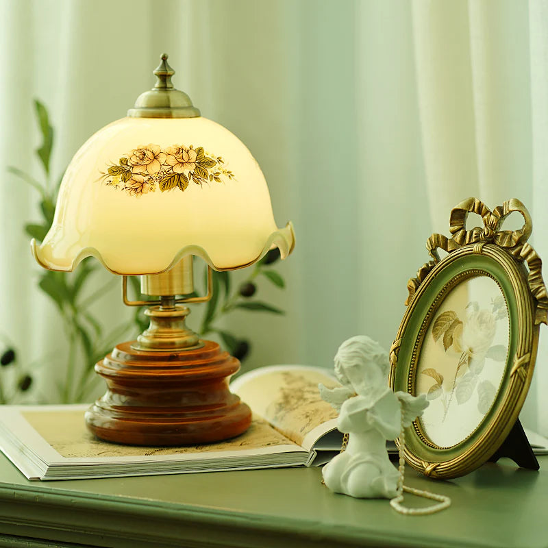 Bloem glas ijzer massief hout LED tafellamp