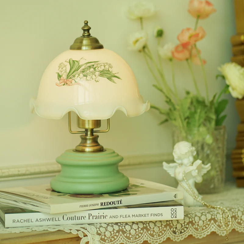 Bloem glas ijzer massief hout LED tafellamp