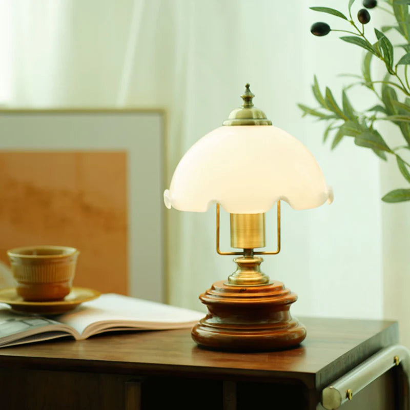 Bloem glas ijzer massief hout LED tafellamp