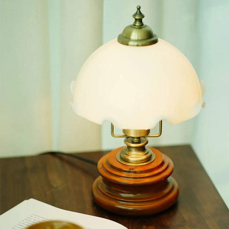 Bloem glas ijzer massief hout LED tafellamp