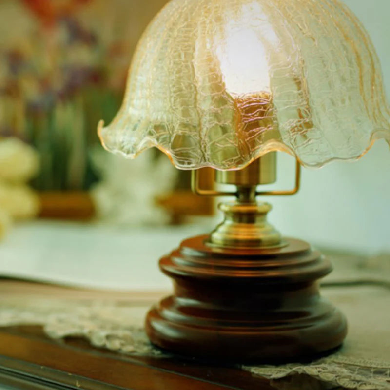 Bloem glas ijzer massief hout LED tafellamp