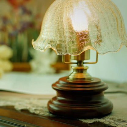 Bloem glas ijzer massief hout LED tafellamp