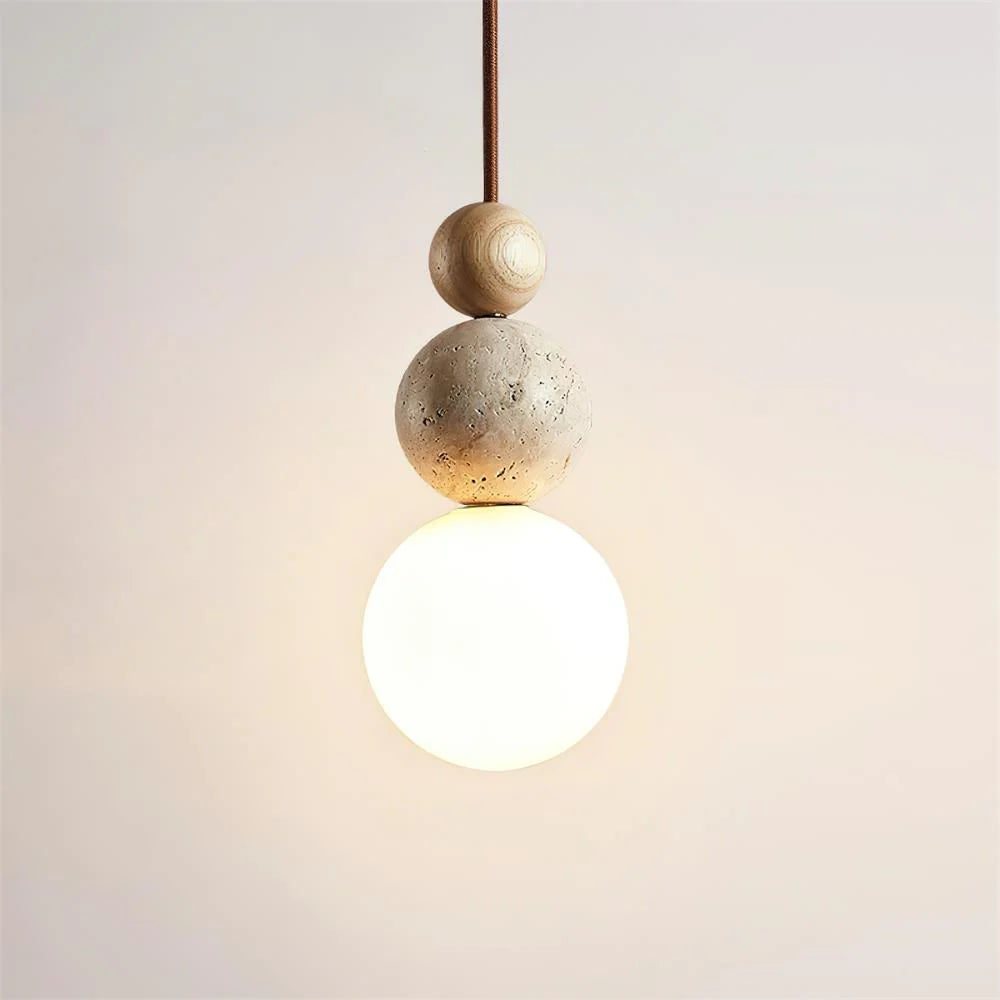 Travertijn en Houten Hanglamp met Opaal Glazen Lamp