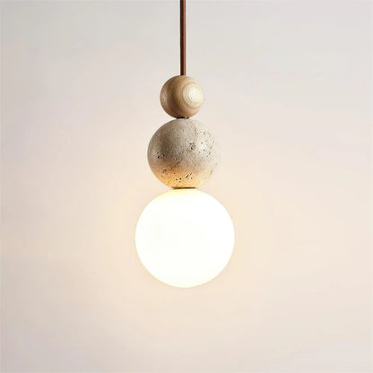 Travertijn en Houten Hanglamp met Opaal Glazen Lamp