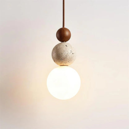 Travertijn en Houten Hanglamp met Opaal Glazen Lamp