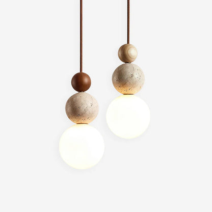 Travertijn en Houten Hanglamp met Opaal Glazen Lamp