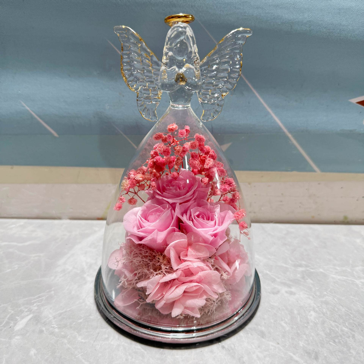 Cadeau Glazen Stolp Eeuwige Roos Engel Decoratie