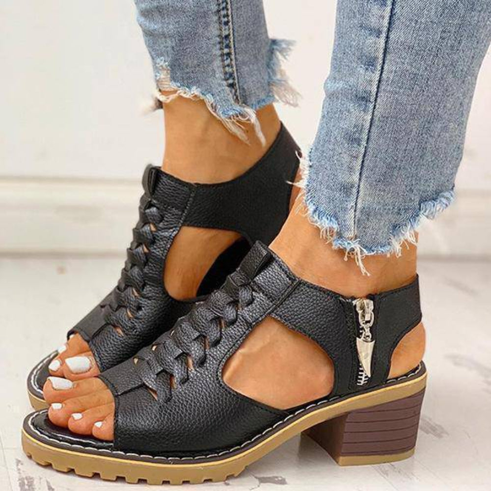 Dames Sandalen Peep Toe Chunky Hak PU Leer Rits