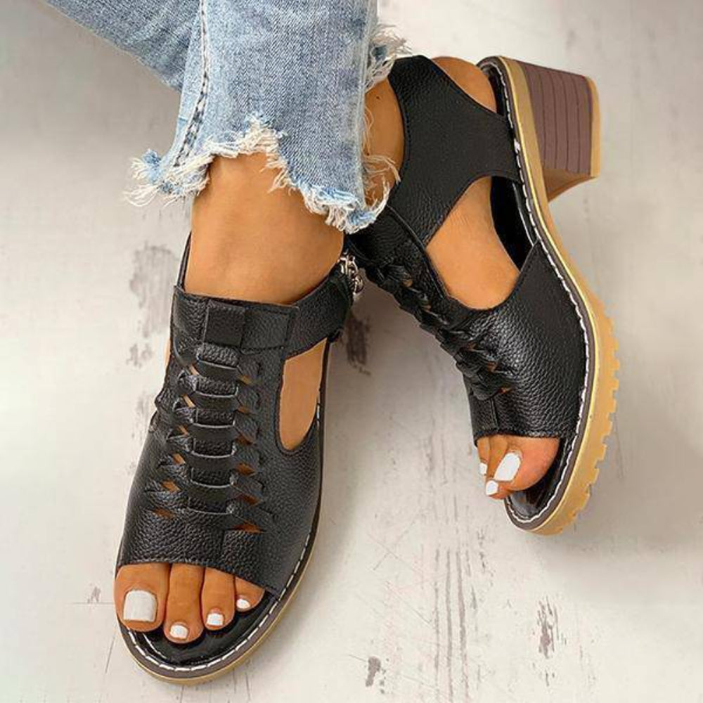 Dames Sandalen Peep Toe Chunky Hak PU Leer Rits