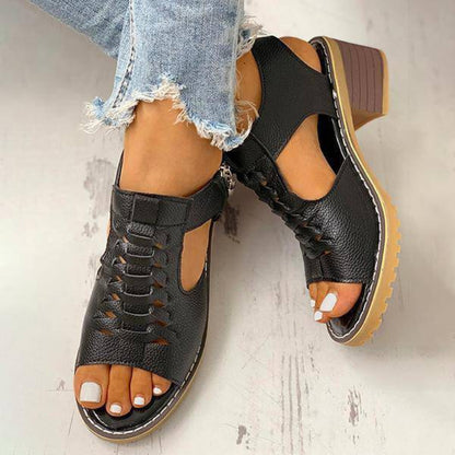Dames Sandalen Peep Toe Chunky Hak PU Leer Rits