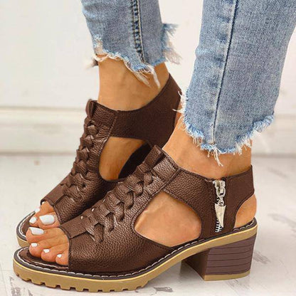 Dames Sandalen Peep Toe Chunky Hak PU Leer Rits