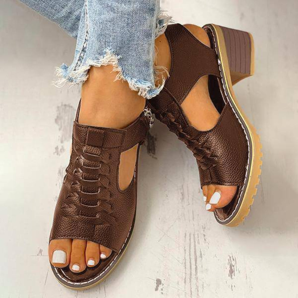 Dames Sandalen Peep Toe Chunky Hak PU Leer Rits