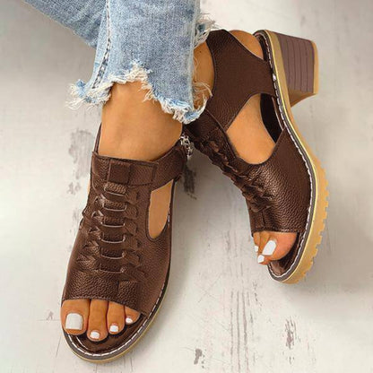 Dames Sandalen Peep Toe Chunky Hak PU Leer Rits